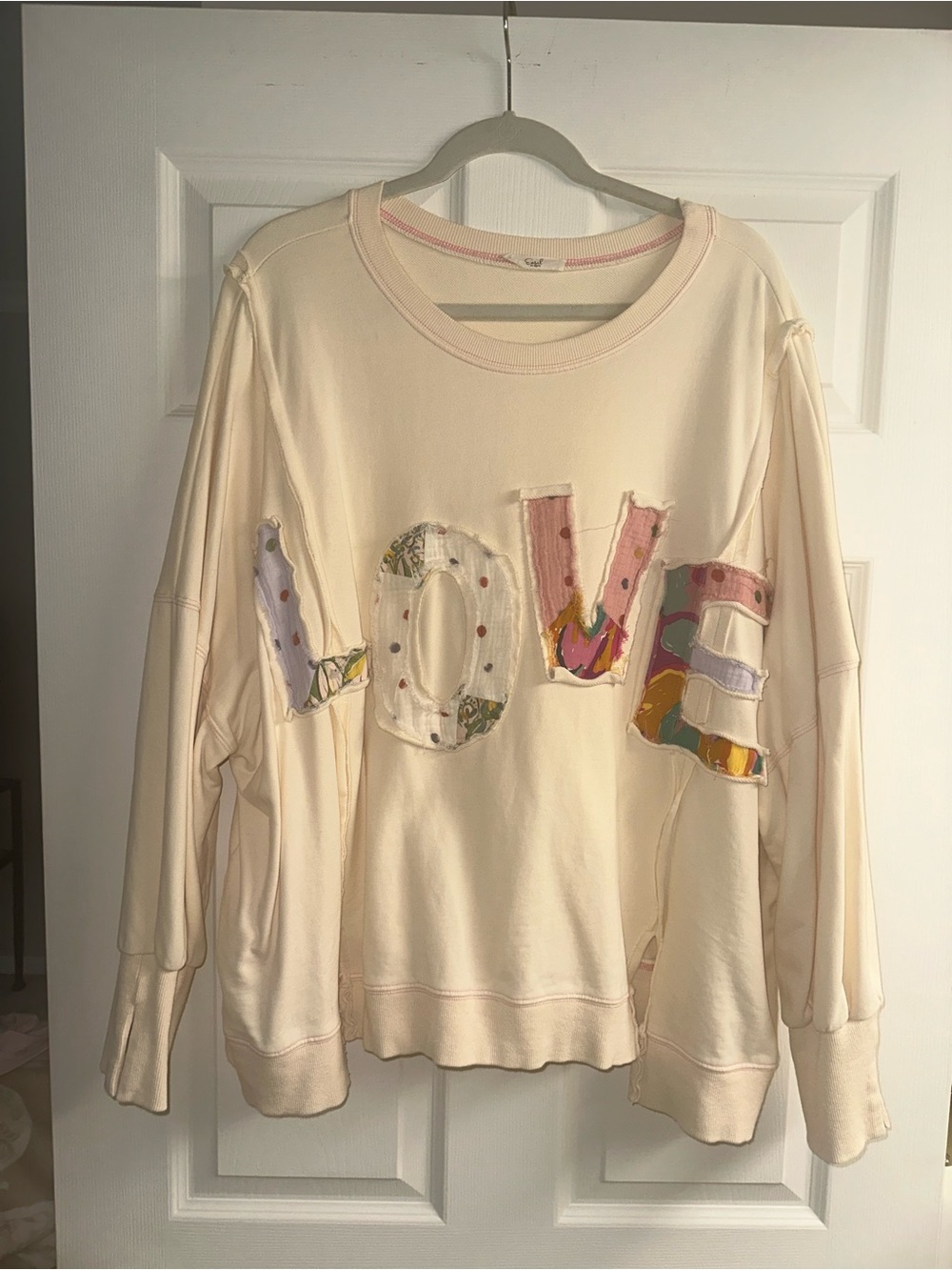 Easel Washed LOVE Patch Terry Knit Pullover- SIZE L